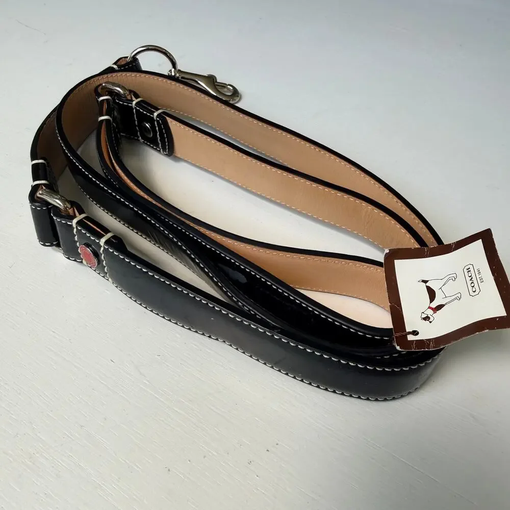 Coach Large Black Patent Leather Dog Leash Vintage Hearts & Bones 60065